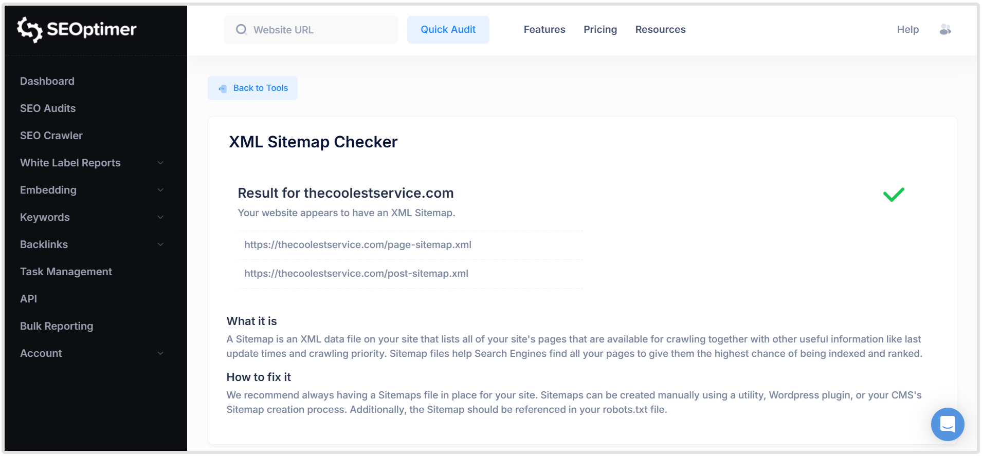 SEOptimer sitemap checker
